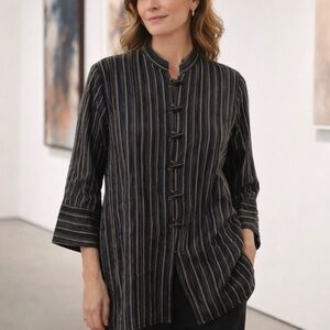 Vtg Caroline Rose Tunic Top‎ Womens L Button Linen Blend Crinkle Lagenlook Sheer